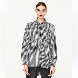 Zara Checkered Tunic High Low Buttoned Oversized Collared Cotton Top Size Small